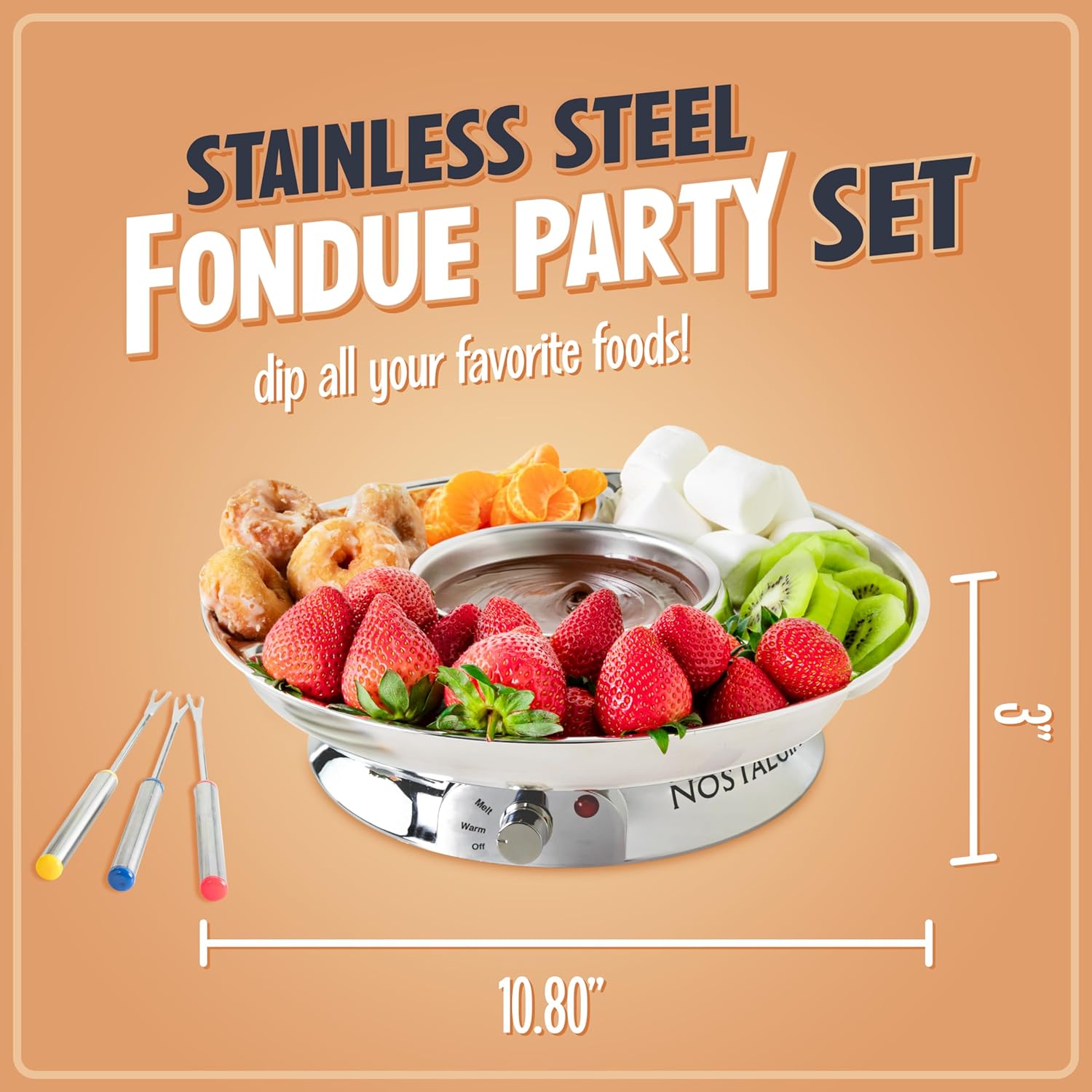 Nostalgia Electric Fondue Pot Set with Temperature Control & 4 Dipping Forks - Chocolate & Cheese Fondue Kit for Parties - Stainless Steel, 10oz