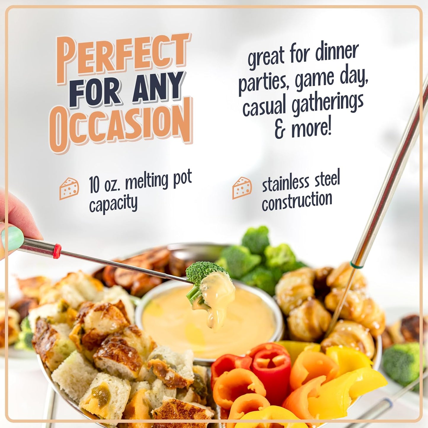 Nostalgia Electric Fondue Pot Set with Temperature Control & 4 Dipping Forks - Chocolate & Cheese Fondue Kit for Parties - Stainless Steel, 10oz