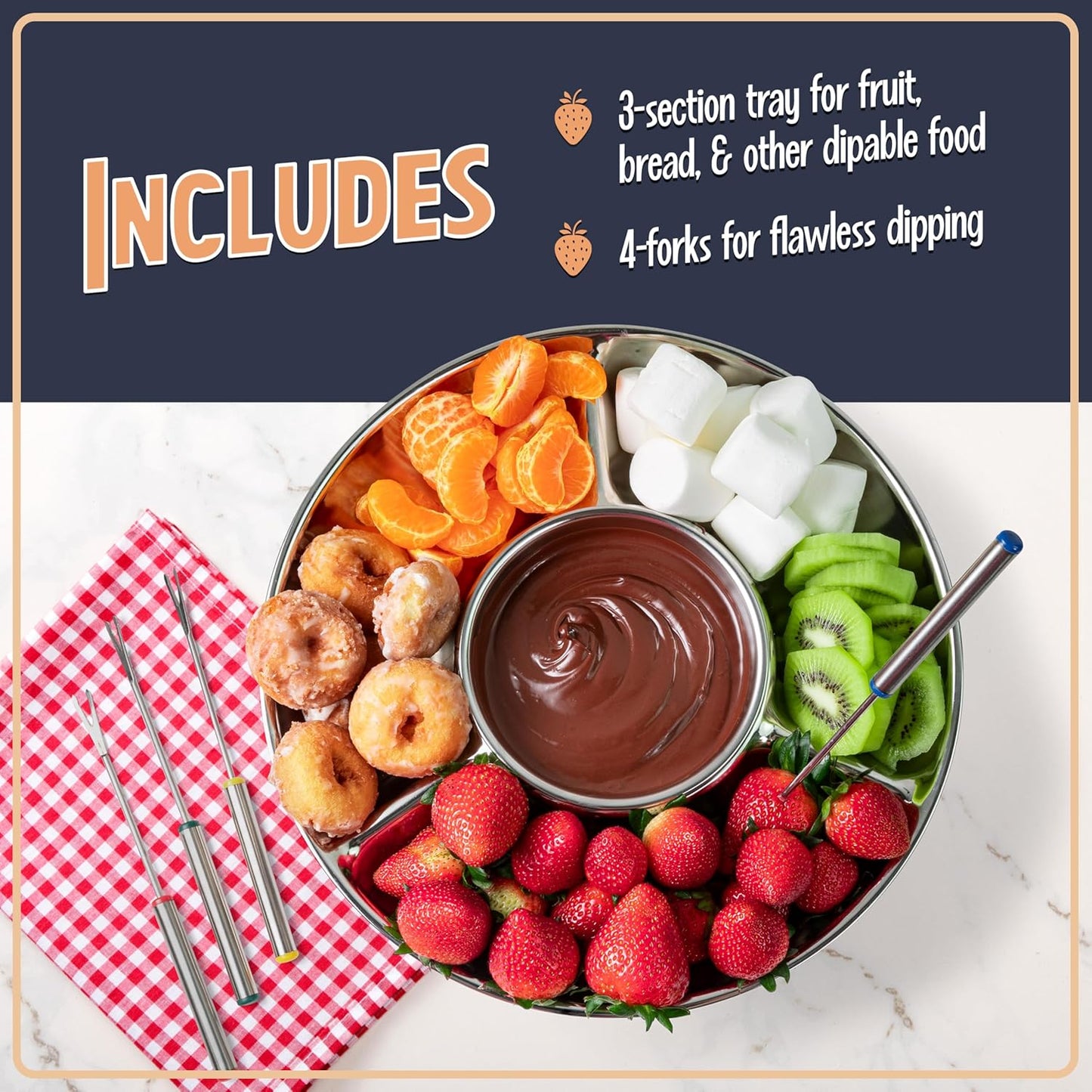 Nostalgia Electric Fondue Pot Set with Temperature Control & 4 Dipping Forks - Chocolate & Cheese Fondue Kit for Parties - Stainless Steel, 10oz