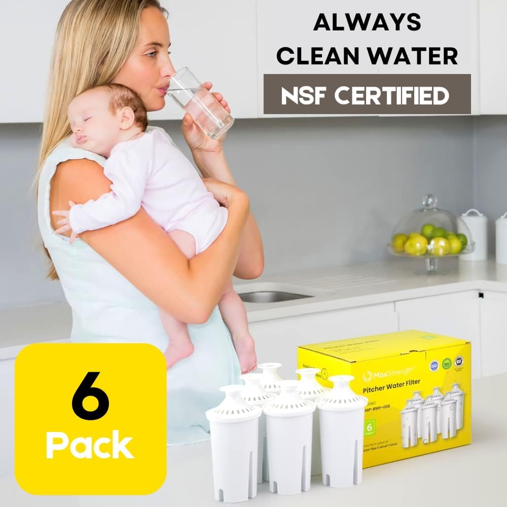 NSF Certified Max Strength Water Filter Replacement for Brita & Mavea Pitchers - 6 Count, 1 Year Supply