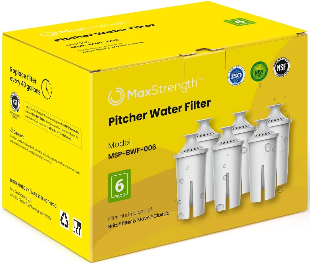 NSF Certified Max Strength Water Filter Replacement for Brita & Mavea Pitchers - 6 Count, 1 Year Supply