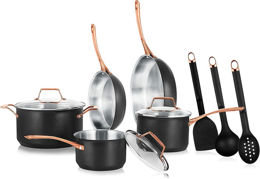 NutriChef 11-Piece Kitchen Set with Modern Non-Stick Cookware and Stylish Golden Handles