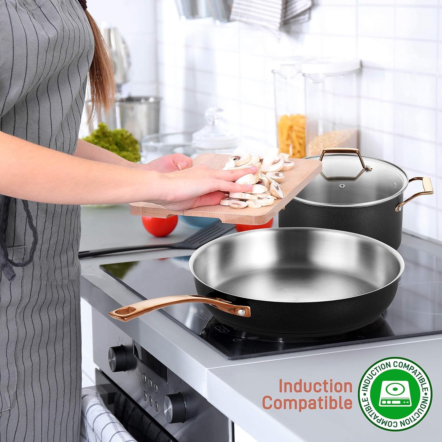 NutriChef 11-Piece Kitchen Set with Modern Non-Stick Cookware and Stylish Golden Handles