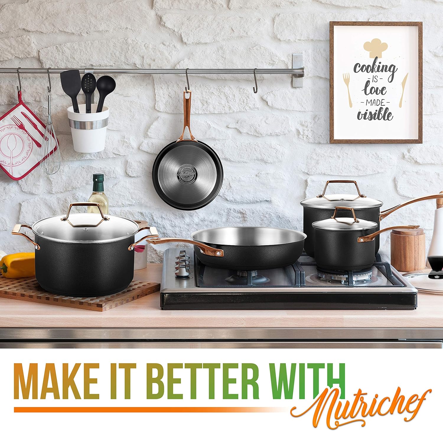 NutriChef 11-Piece Kitchen Set with Modern Non-Stick Cookware and Stylish Golden Handles
