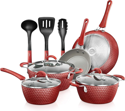 NutriChef 11-Piece Non-Stick Kitchenware Set with Diamond Pattern, Cool-Touch Handles in Gray and Red