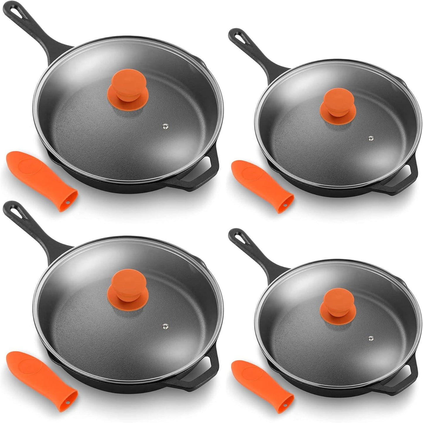 NutriChef 4-Piece Pre Seasoned Nonstick Cast Iron Frying Pan Set with Lids and Handle Covers - 10 Inch and 12 Inch Sizes