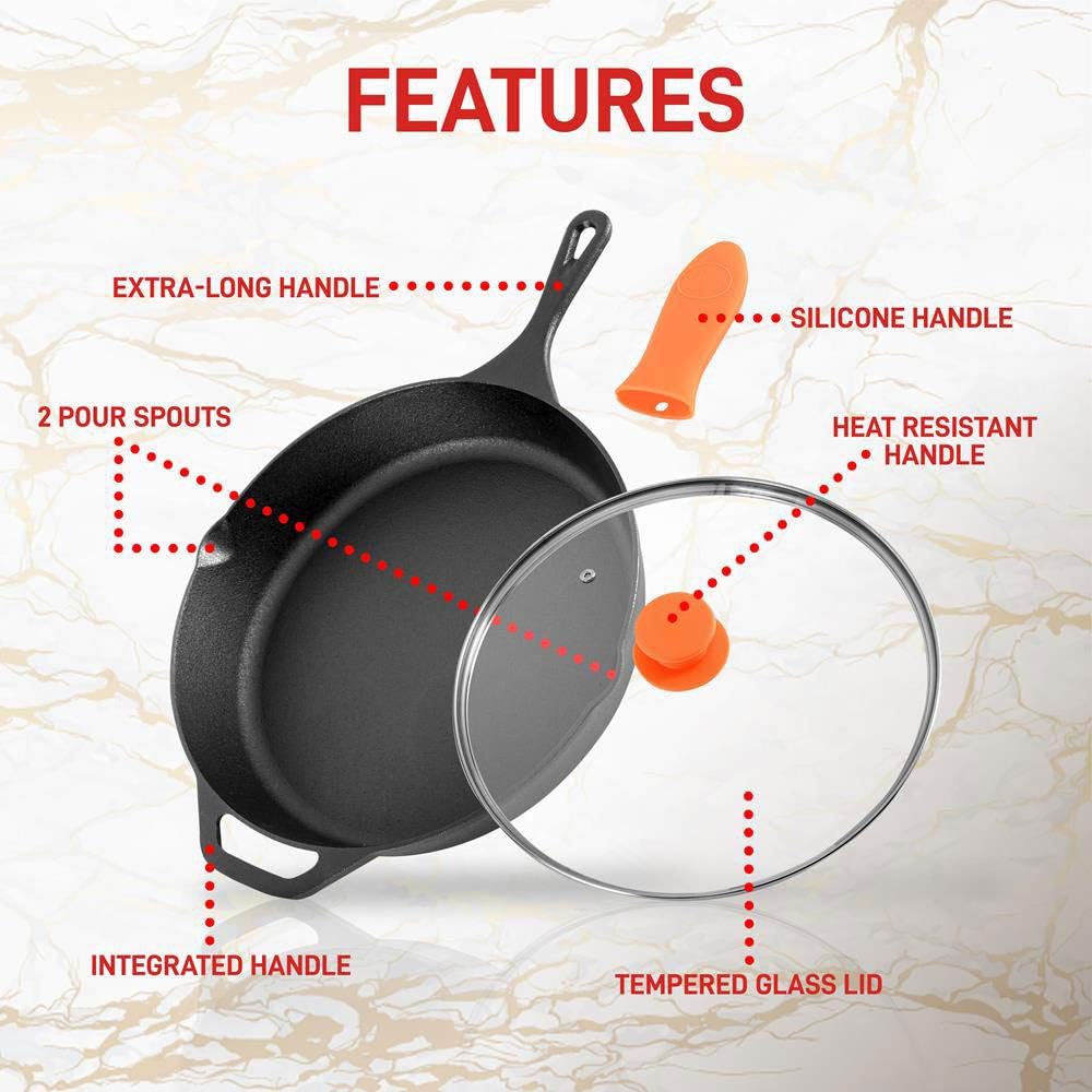NutriChef 4-Piece Pre Seasoned Nonstick Cast Iron Frying Pan Set with Lids and Handle Covers - 10 Inch and 12 Inch Sizes