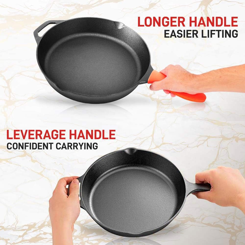 NutriChef 4-Piece Pre Seasoned Nonstick Cast Iron Frying Pan Set with Lids and Handle Covers - 10 Inch and 12 Inch Sizes