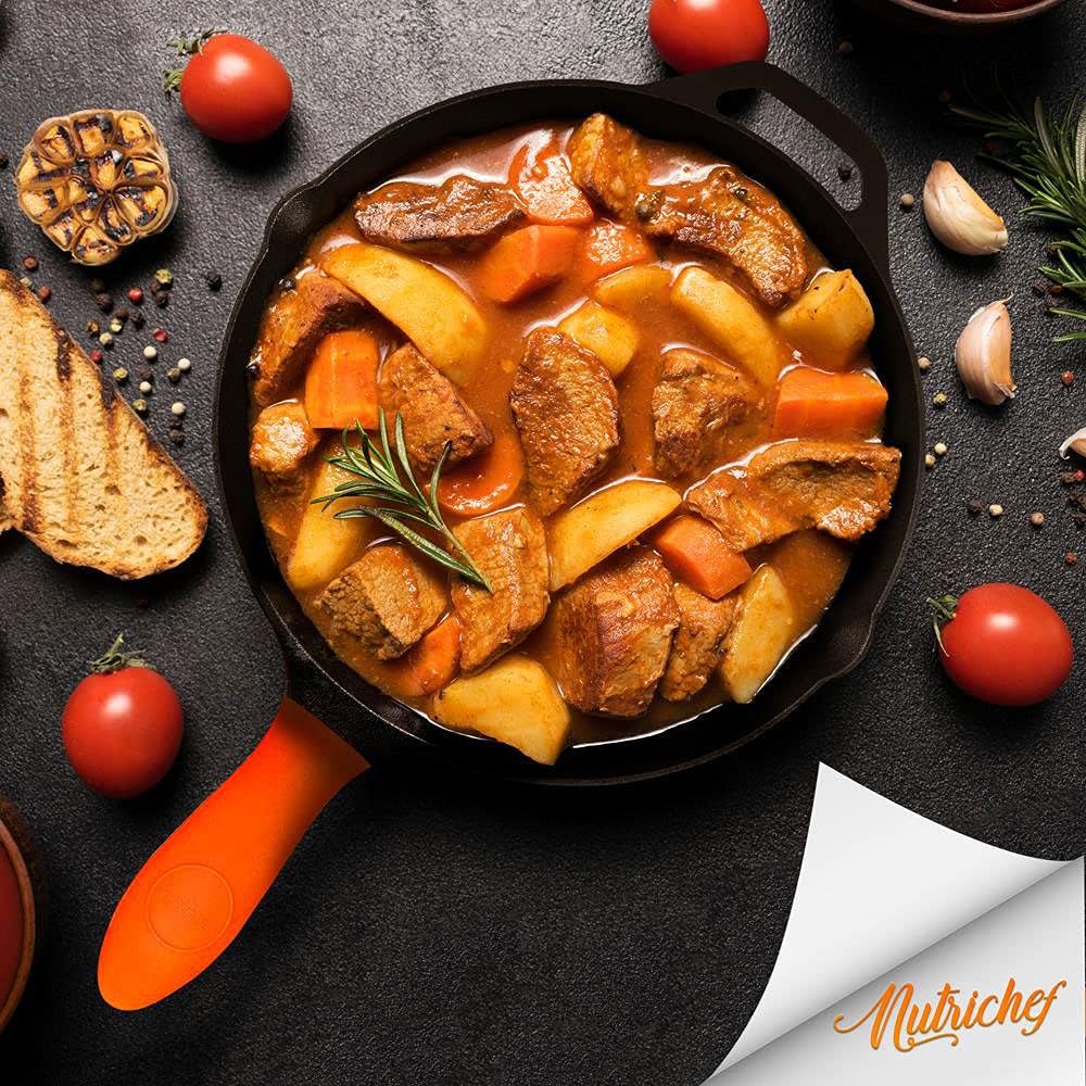 NutriChef 4-Piece Pre Seasoned Nonstick Cast Iron Frying Pan Set with Lids and Handle Covers - 10 Inch and 12 Inch Sizes