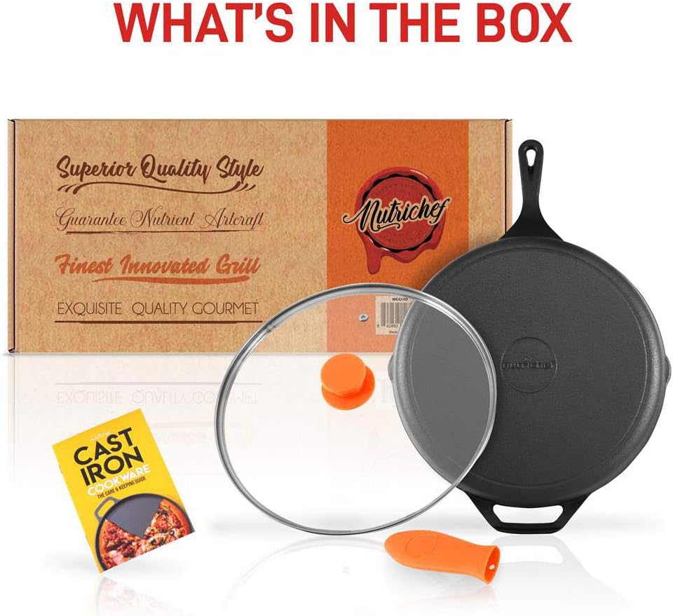 NutriChef 4-Piece Pre Seasoned Nonstick Cast Iron Frying Pan Set with Lids and Handle Covers - 10 Inch and 12 Inch Sizes