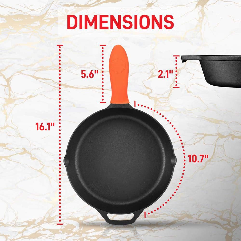 NutriChef 4-Piece Pre Seasoned Nonstick Cast Iron Frying Pan Set with Lids and Handle Covers - 10 Inch and 12 Inch Sizes