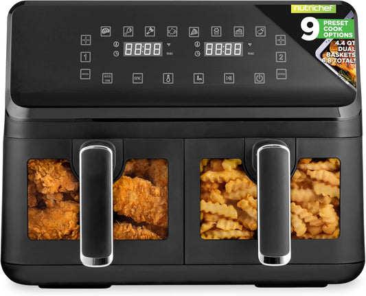 Nutrichef Family Size Double Basket Air Fryer 8.8 QT - Oil Free with Transparent Window & 9 Preset Cooking Options - 360° Hot Air Circulation - Black