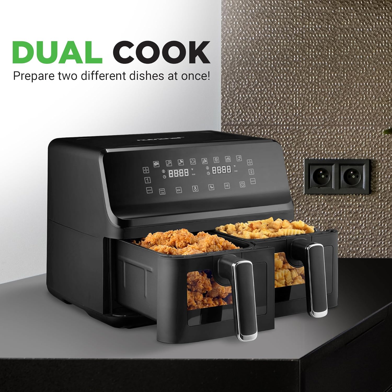 Nutrichef Family Size Double Basket Air Fryer 8.8 QT - Oil Free with Transparent Window & 9 Preset Cooking Options - 360° Hot Air Circulation - Black