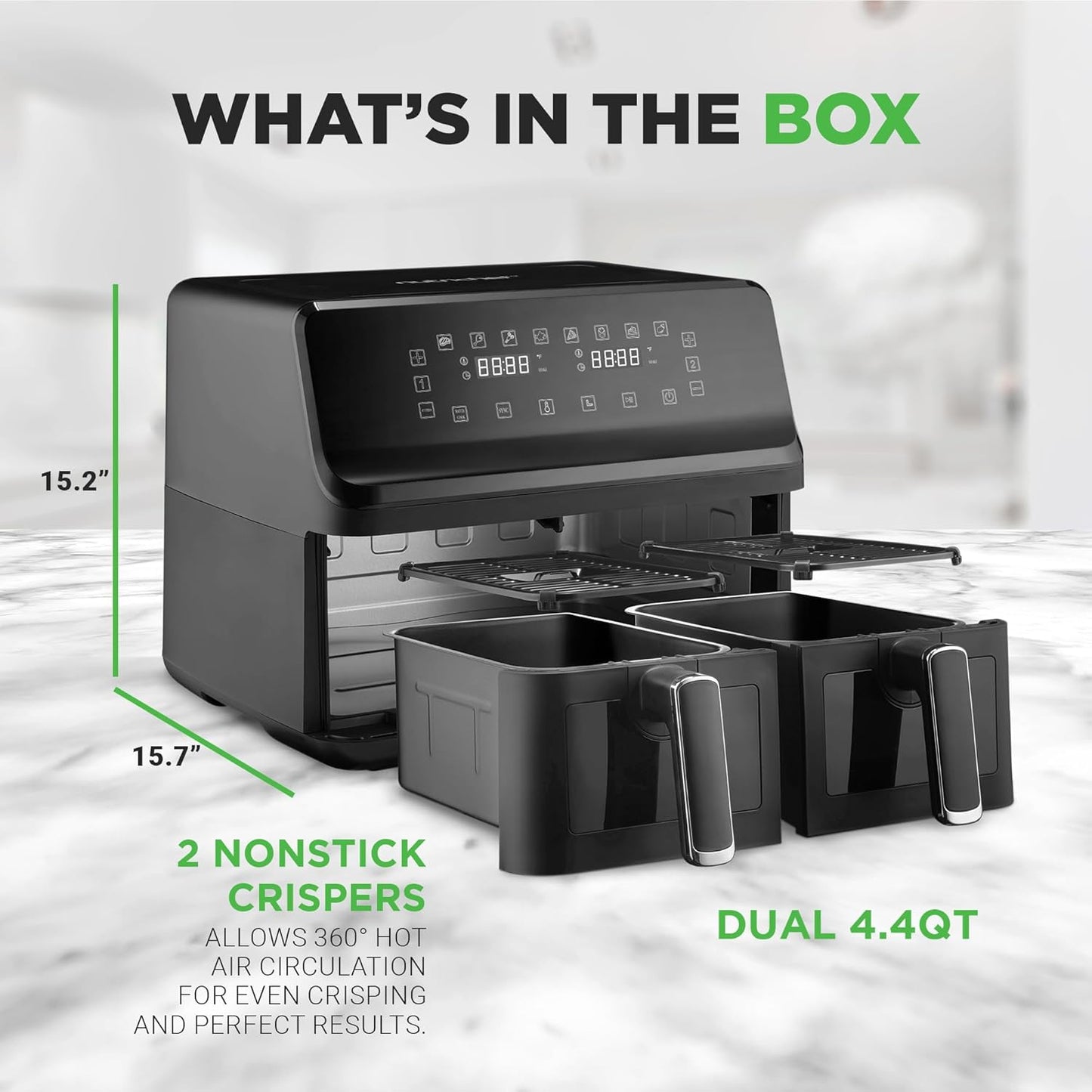 Nutrichef Family Size Double Basket Air Fryer 8.8 QT - Oil Free with Transparent Window & 9 Preset Cooking Options - 360° Hot Air Circulation - Black