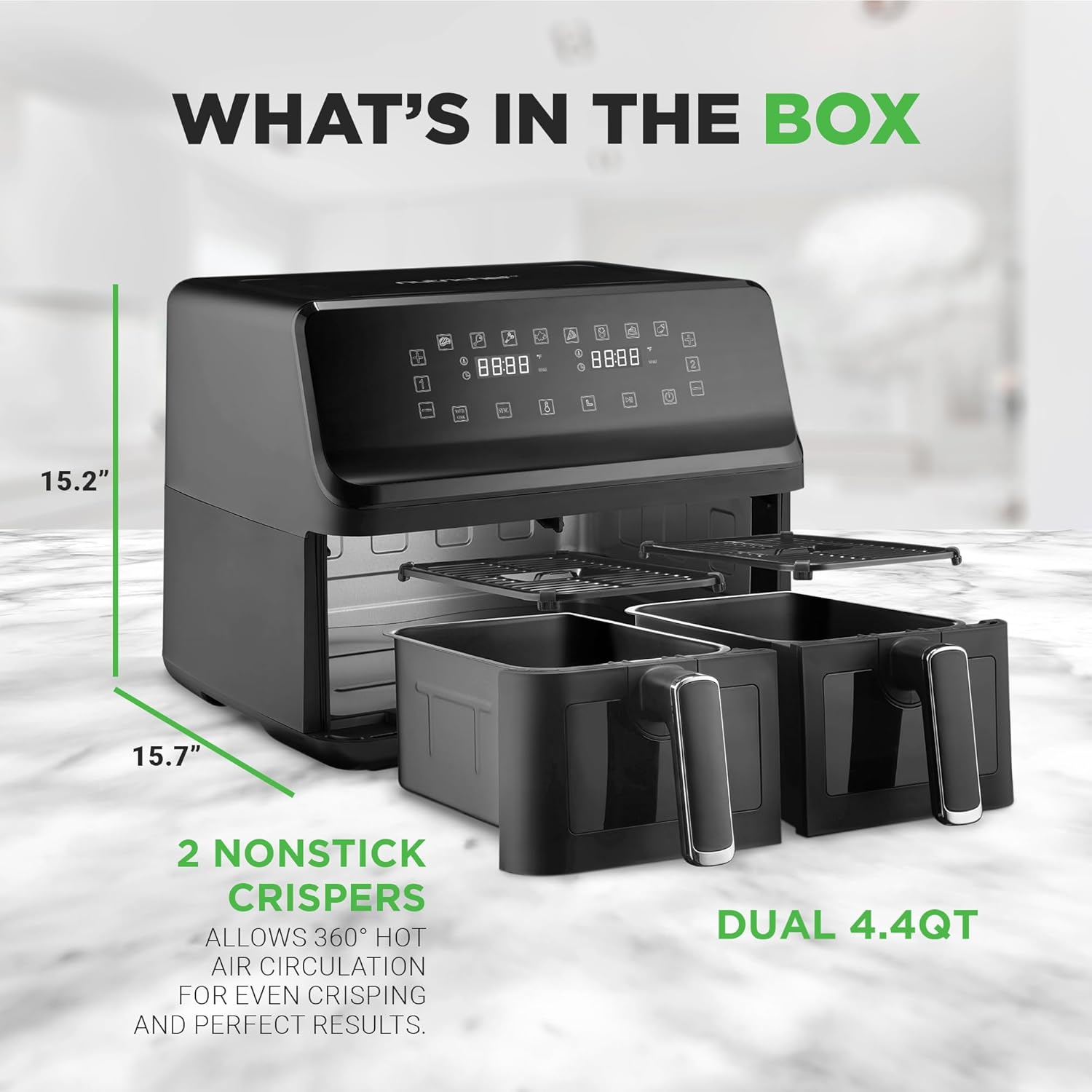 Nutrichef Family Size Double Basket Air Fryer 8.8 QT - Oil Free with Transparent Window & 9 Preset Cooking Options - 360° Hot Air Circulation - Black