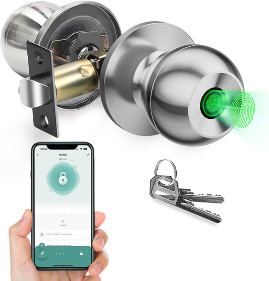 ocinone Smart Fingerprint Door Knob - Keyless Biometric Lock with App Bluetooth Control, Thumbprint Entry - Ideal for Home, Hotels, Offices - Bedroom Security - Silver