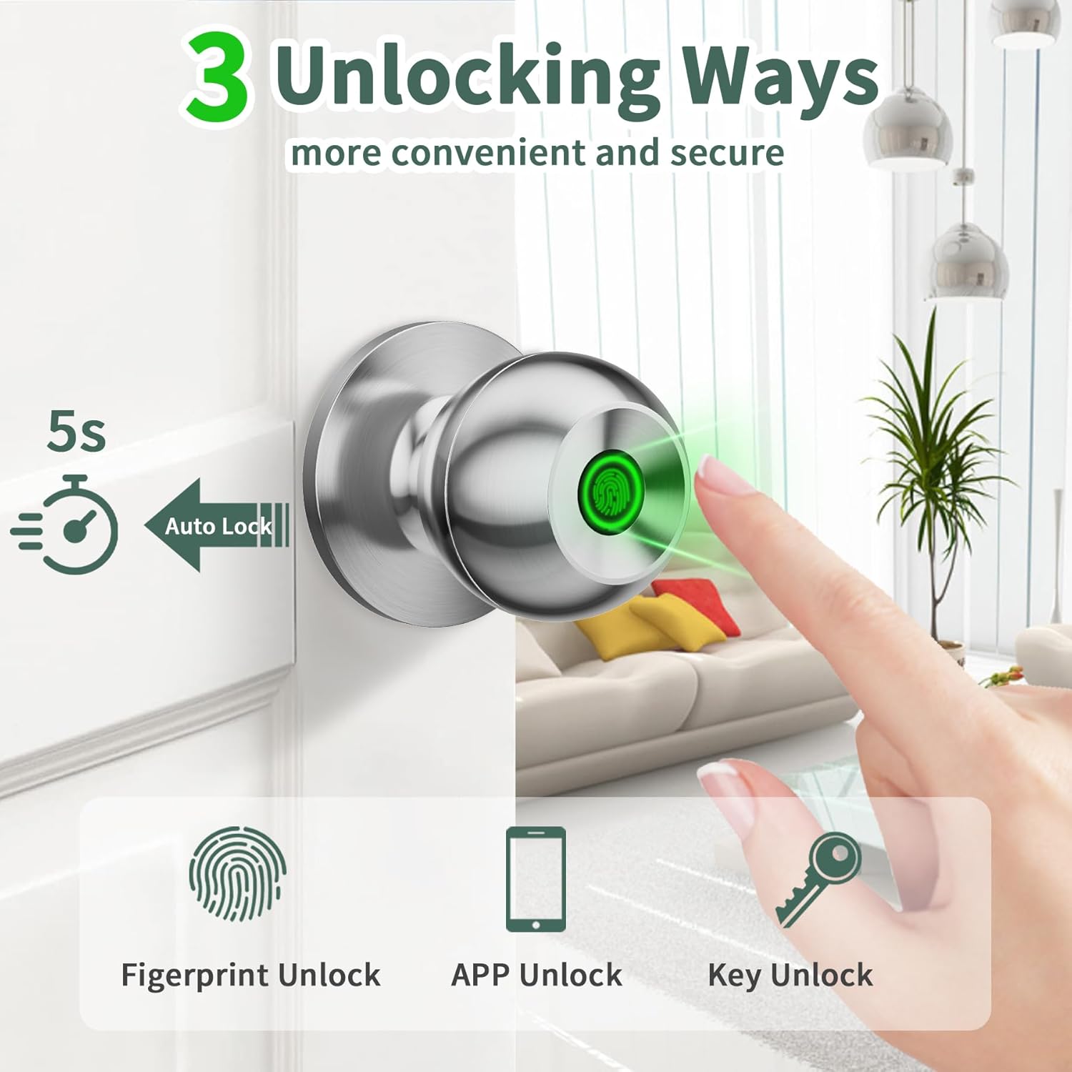 ocinone Smart Fingerprint Door Knob - Keyless Biometric Lock with App Bluetooth Control, Thumbprint Entry - Ideal for Home, Hotels, Offices - Bedroom Security - Silver