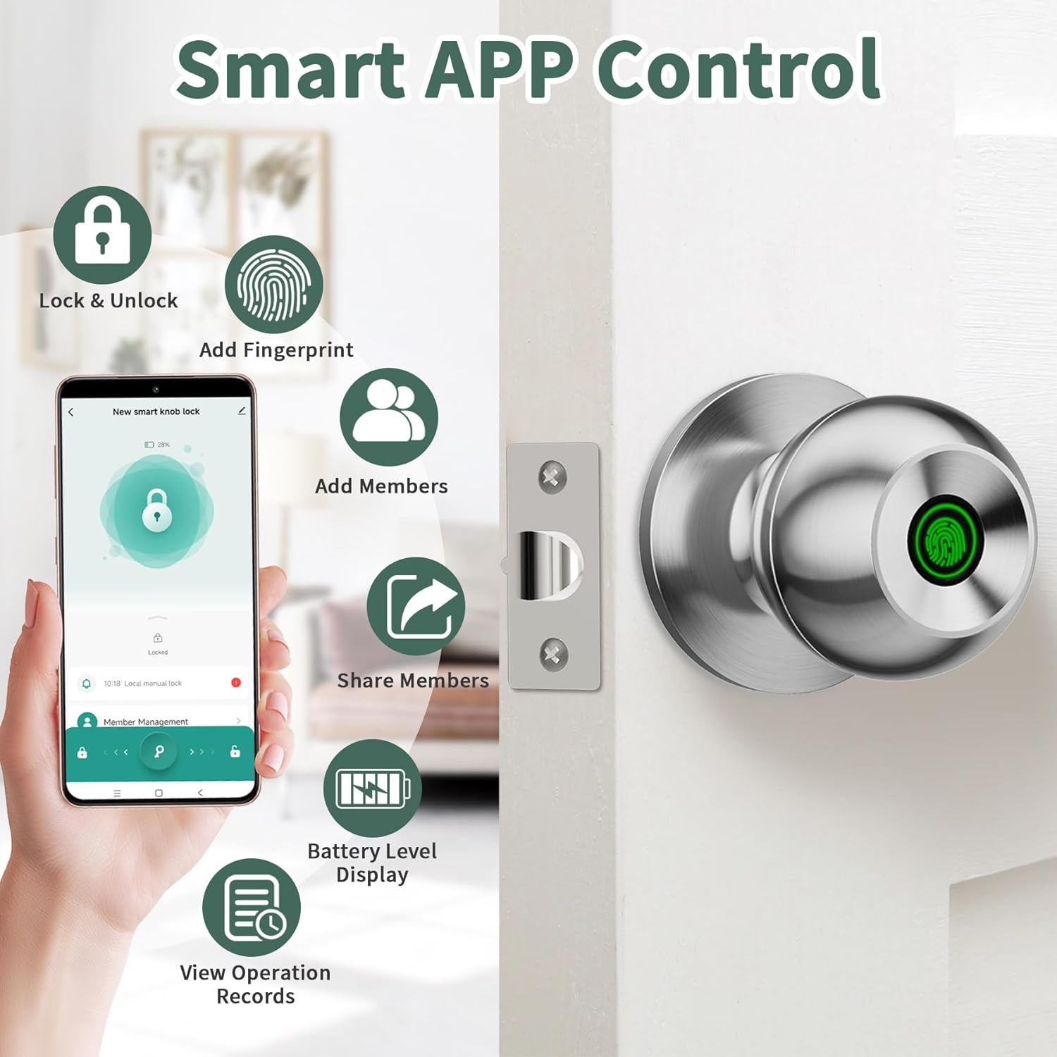 ocinone Smart Fingerprint Door Knob - Keyless Biometric Lock with App Bluetooth Control, Thumbprint Entry - Ideal for Home, Hotels, Offices - Bedroom Security - Silver