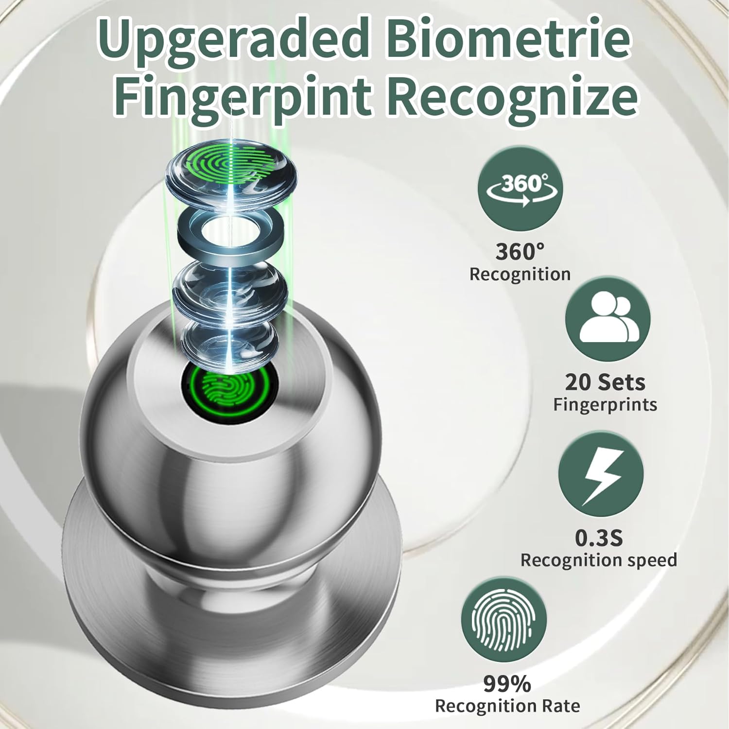 ocinone Smart Fingerprint Door Knob - Keyless Biometric Lock with App Bluetooth Control, Thumbprint Entry - Ideal for Home, Hotels, Offices - Bedroom Security - Silver