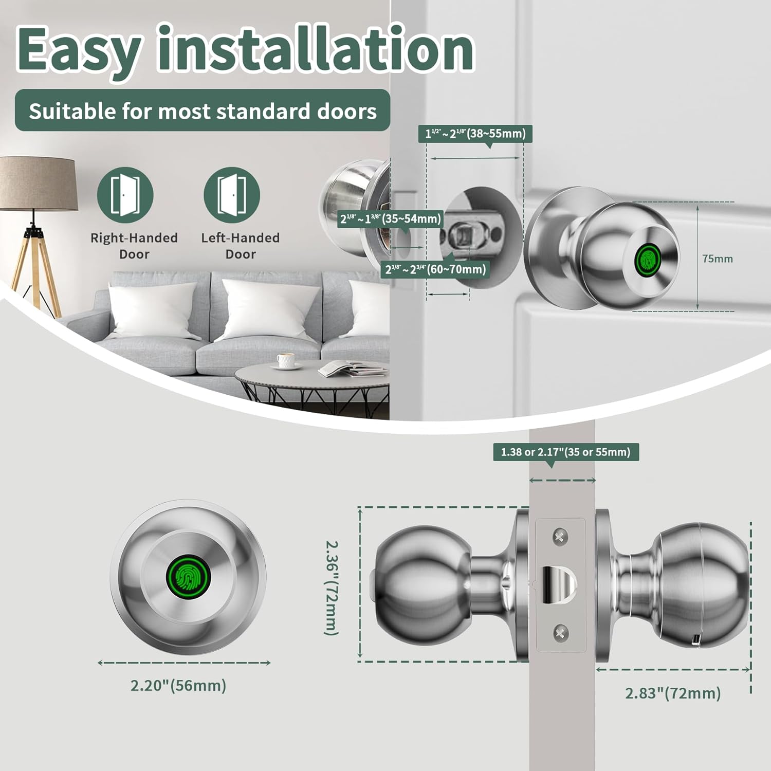 ocinone Smart Fingerprint Door Knob - Keyless Biometric Lock with App Bluetooth Control, Thumbprint Entry - Ideal for Home, Hotels, Offices - Bedroom Security - Silver