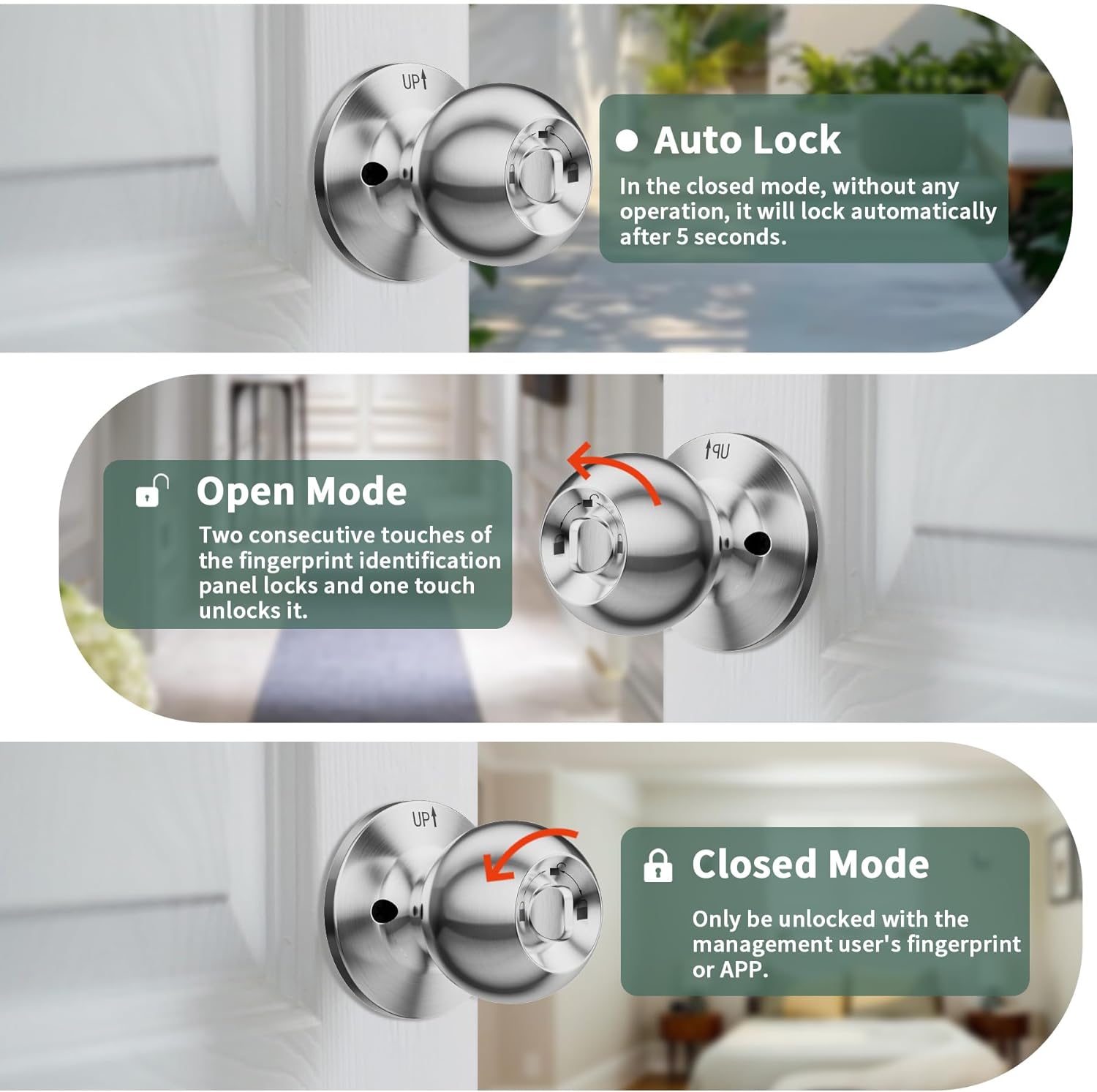 ocinone Smart Fingerprint Door Knob - Keyless Biometric Lock with App Bluetooth Control, Thumbprint Entry - Ideal for Home, Hotels, Offices - Bedroom Security - Silver