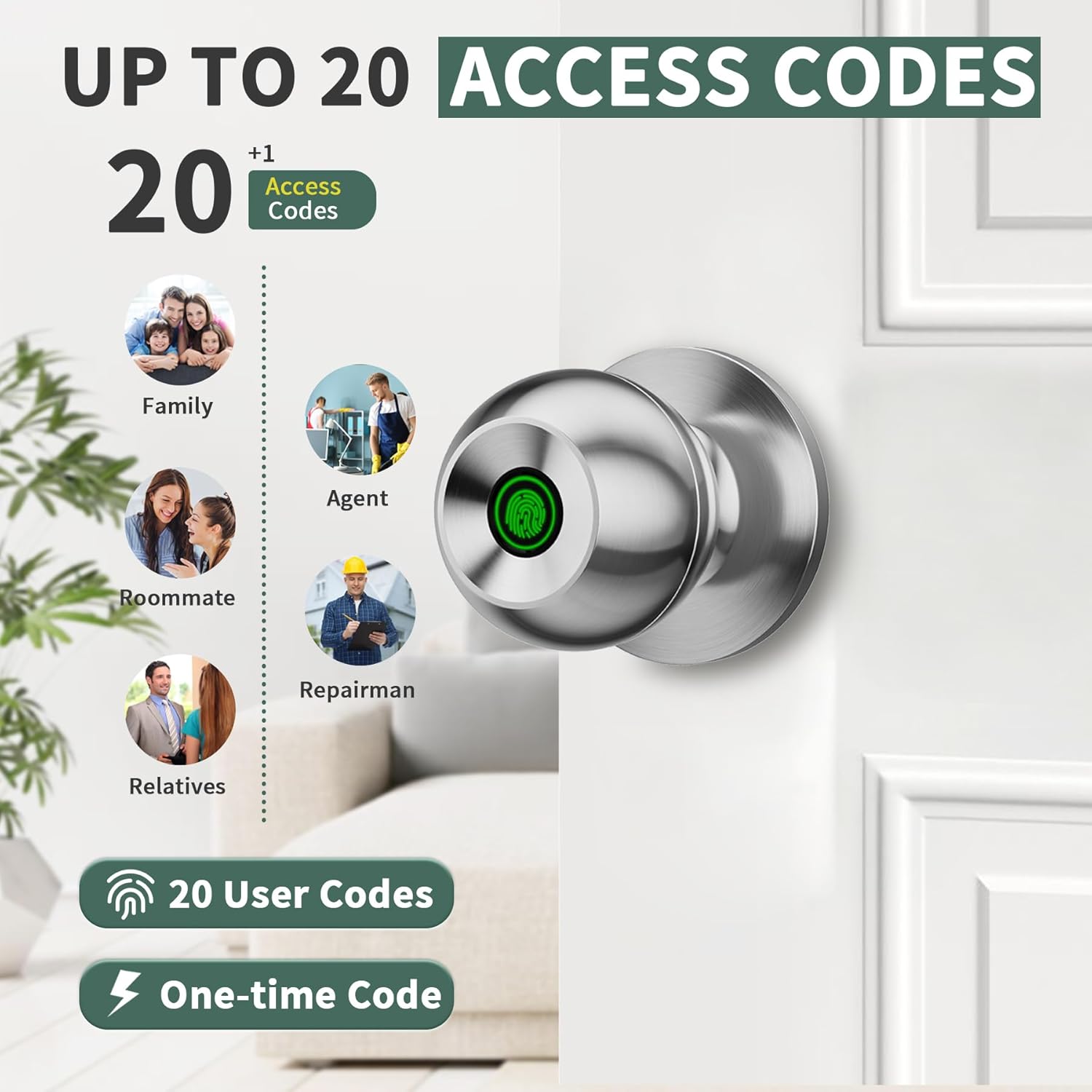 ocinone Smart Fingerprint Door Knob - Keyless Biometric Lock with App Bluetooth Control, Thumbprint Entry - Ideal for Home, Hotels, Offices - Bedroom Security - Silver