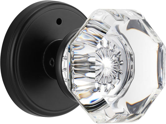 Octagon Crystal Glass Door Knobs Interior Lock Set - Matte Black Privacy Round Knobs for Bedroom Bathroom