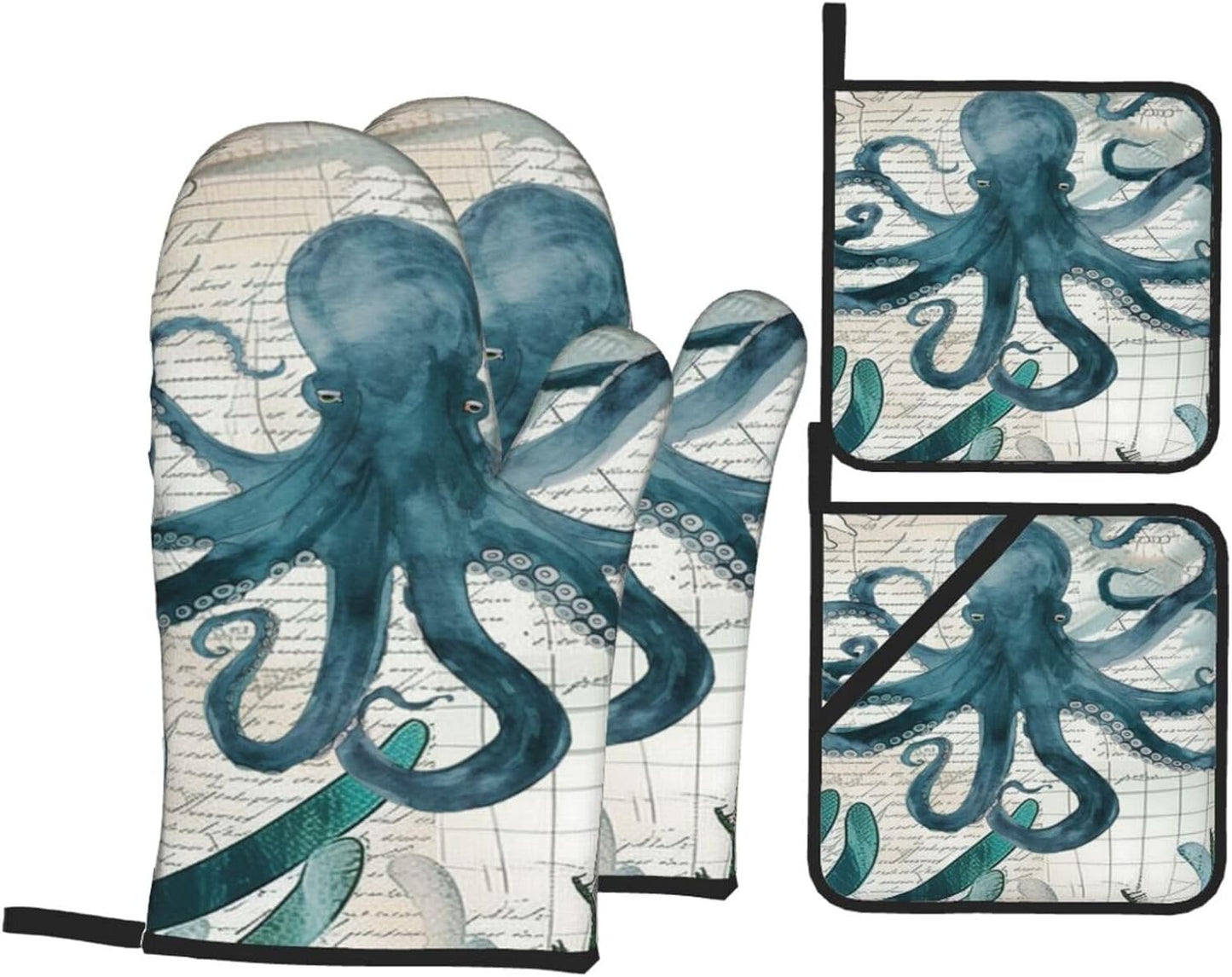 Octopus Kitchen Gloves and Pot Holders Set of 4, Heat Resistant for Baking, Cooking, Grilling, BBQ - Qdoepfl