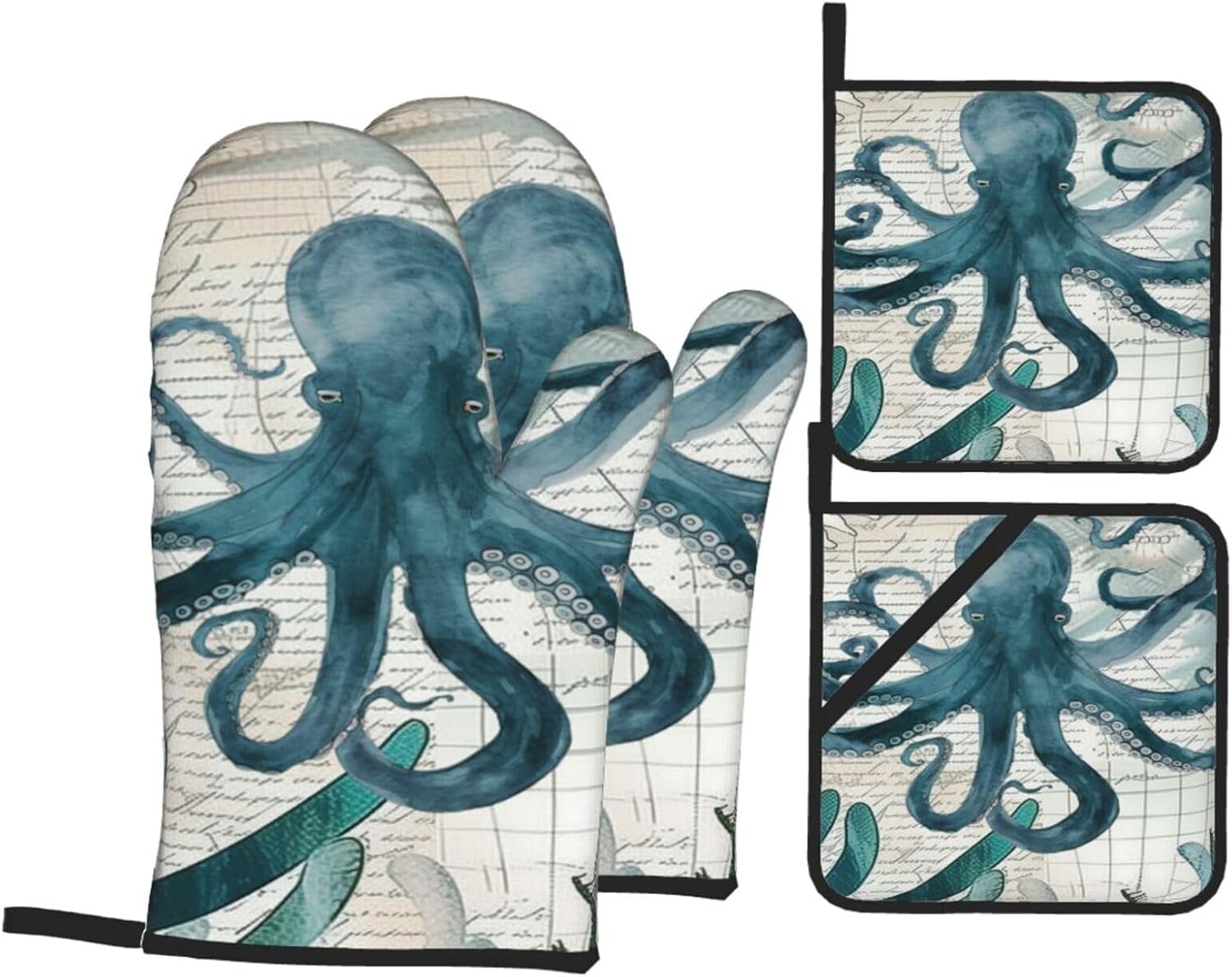 Octopus Kitchen Gloves and Pot Holders Set of 4, Heat Resistant for Baking, Cooking, Grilling, BBQ - Qdoepfl