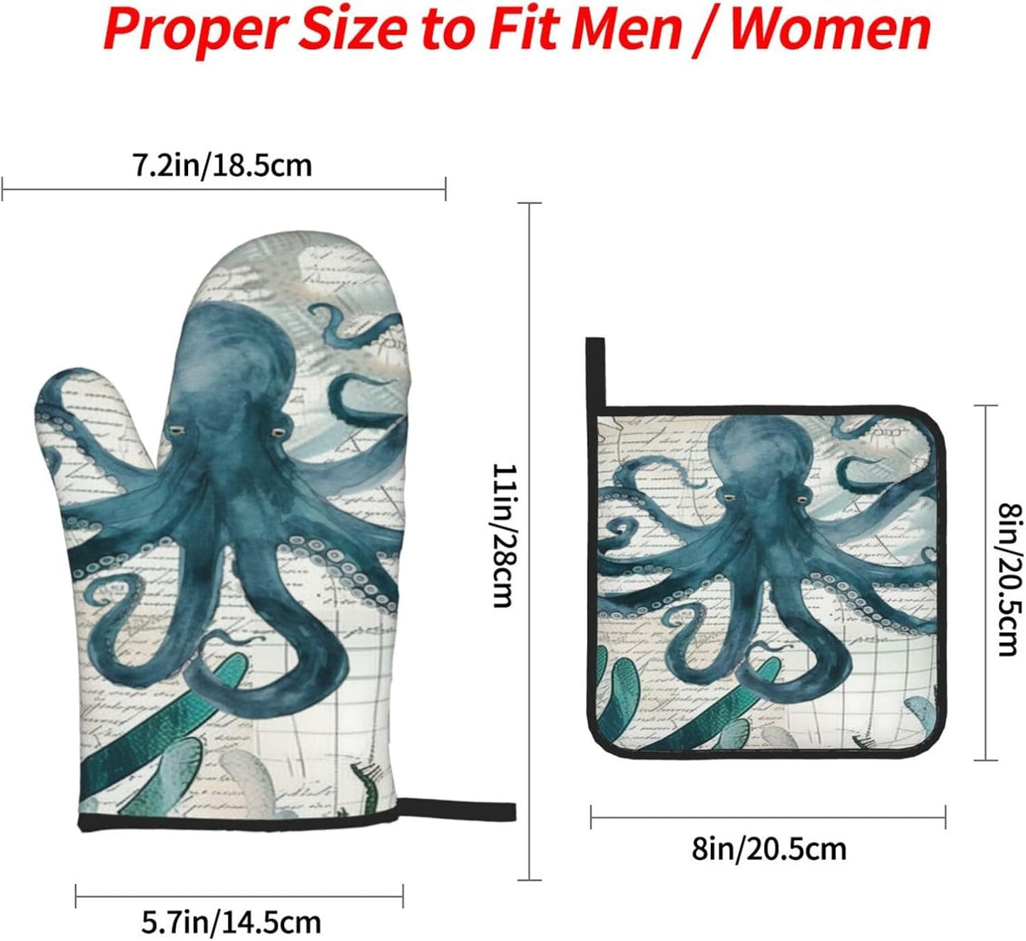 Octopus Kitchen Gloves and Pot Holders Set of 4, Heat Resistant for Baking, Cooking, Grilling, BBQ - Qdoepfl