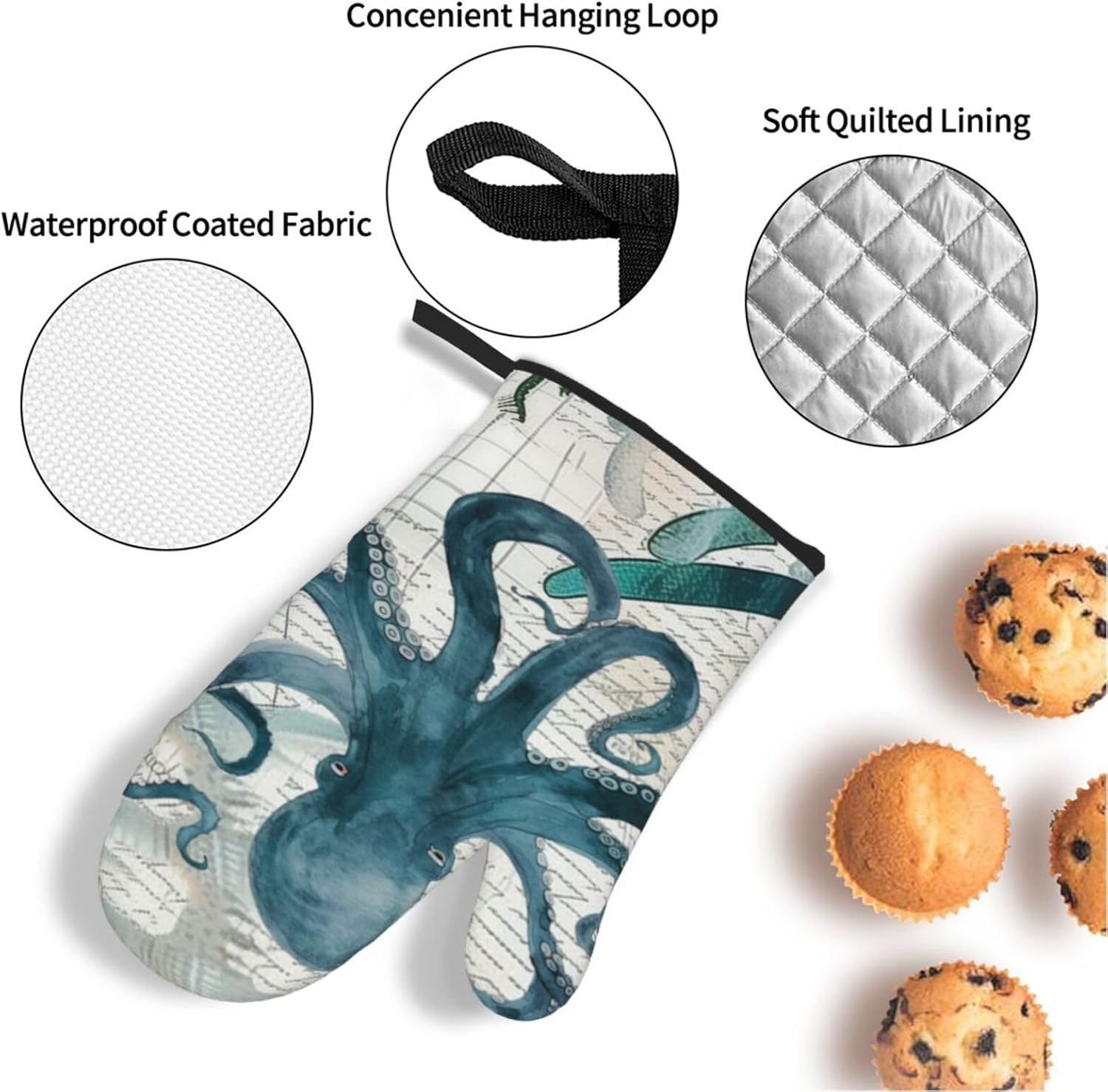 Octopus Kitchen Gloves and Pot Holders Set of 4, Heat Resistant for Baking, Cooking, Grilling, BBQ - Qdoepfl