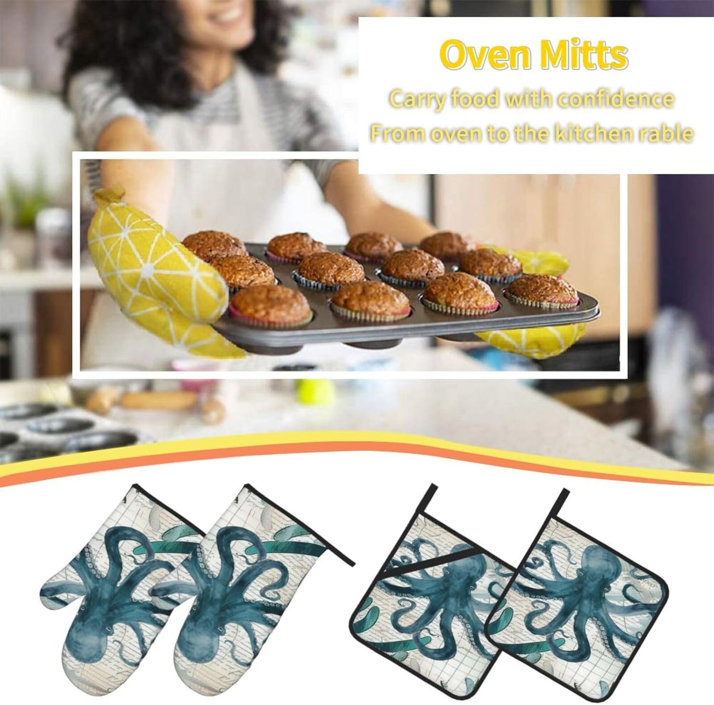 Octopus Kitchen Gloves and Pot Holders Set of 4, Heat Resistant for Baking, Cooking, Grilling, BBQ - Qdoepfl