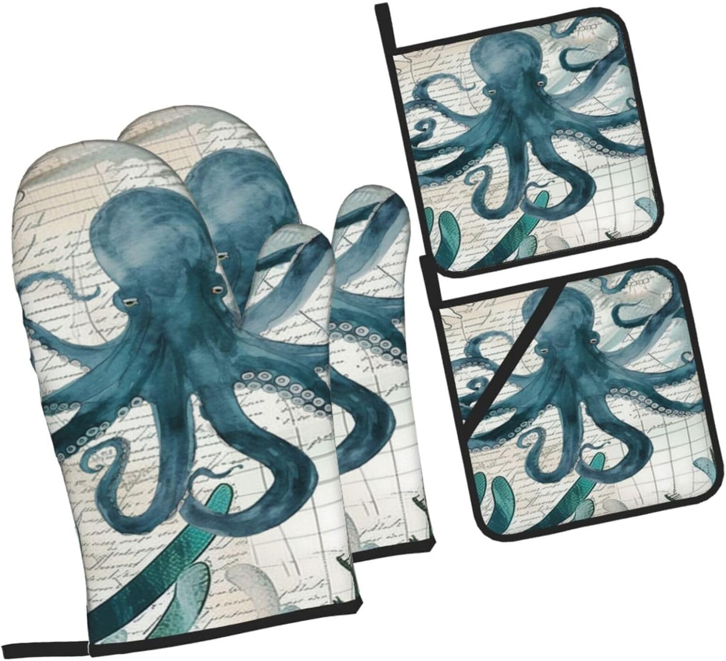 Octopus Kitchen Gloves and Pot Holders Set of 4, Heat Resistant for Baking, Cooking, Grilling, BBQ - Qdoepfl