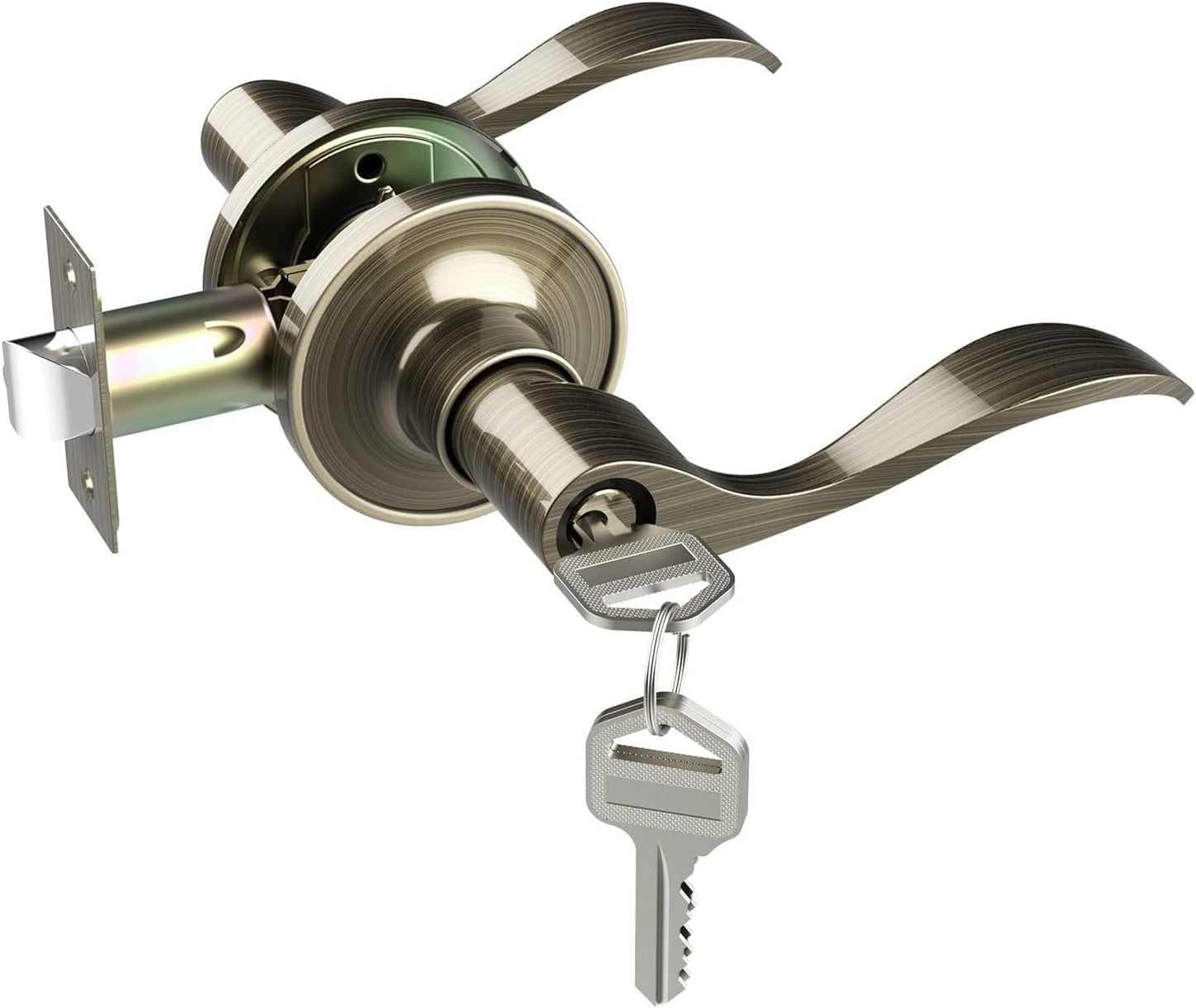 Ohuhu Wave Style Door Handle with Key, Antique Brass Bronze Knobs for Bedroom Bathroom Privacy - Interior/Exterior Lock Lever