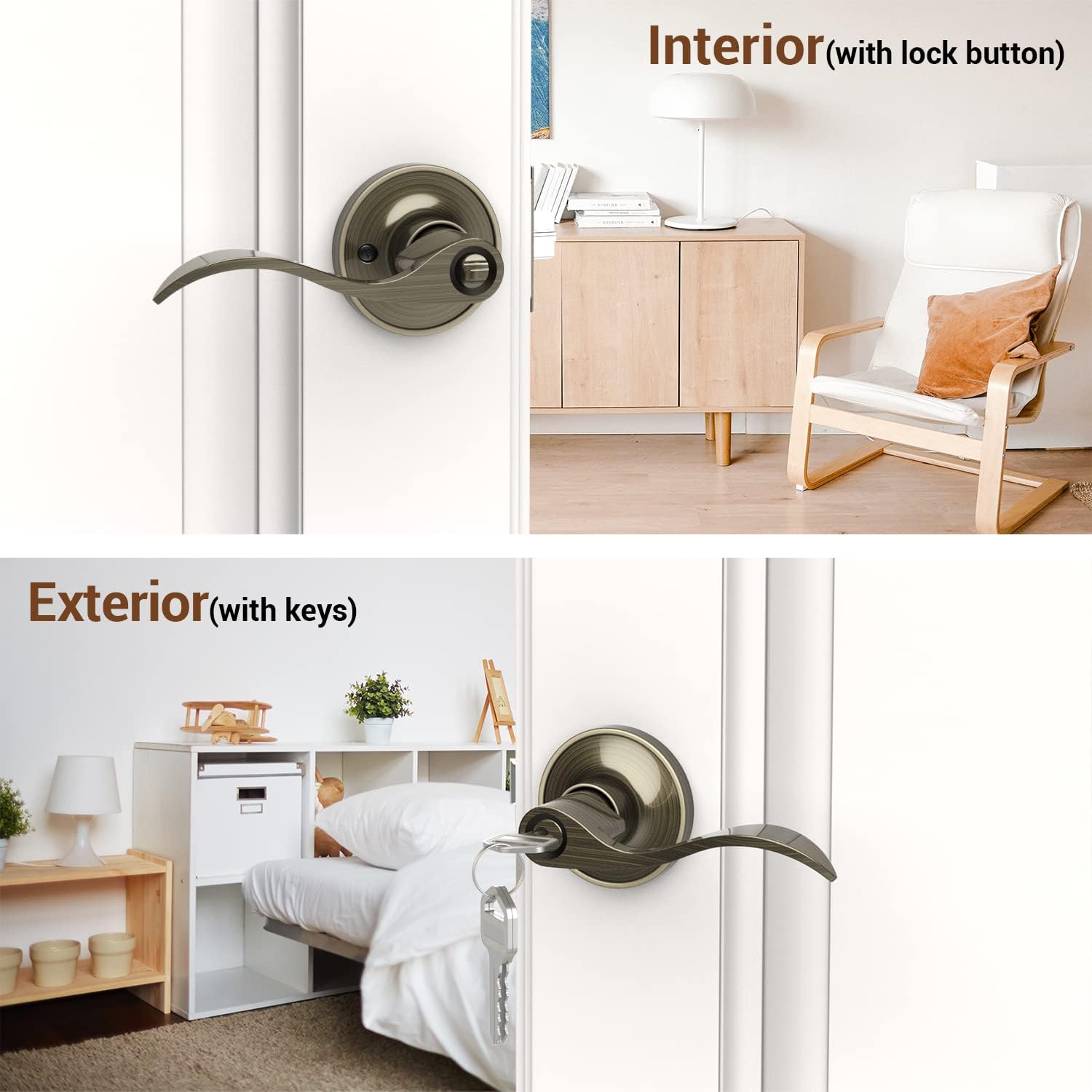 Ohuhu Wave Style Door Handle with Key, Antique Brass Bronze Knobs for Bedroom Bathroom Privacy - Interior/Exterior Lock Lever