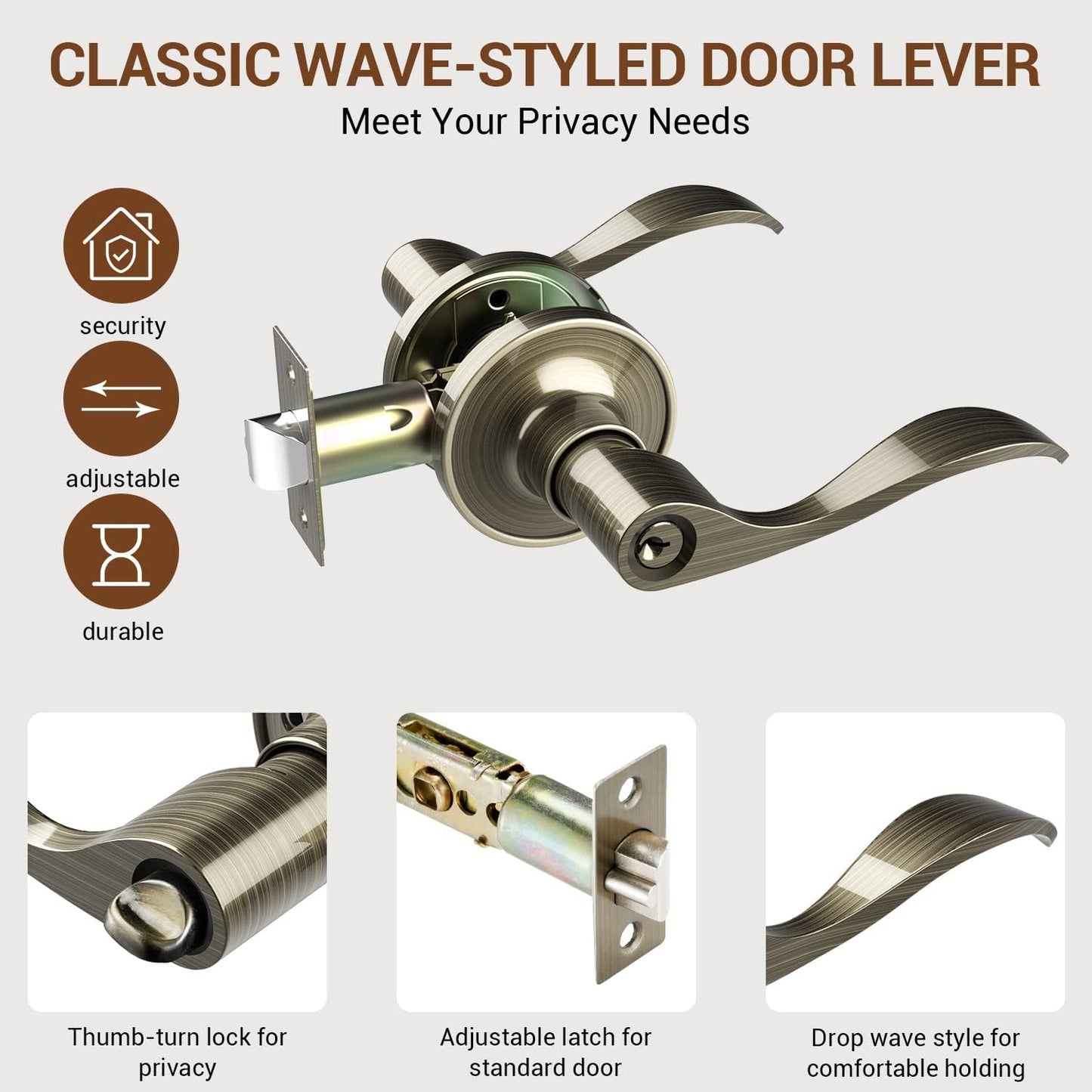 Ohuhu Wave Style Door Handle with Key, Antique Brass Bronze Knobs for Bedroom Bathroom Privacy - Interior/Exterior Lock Lever