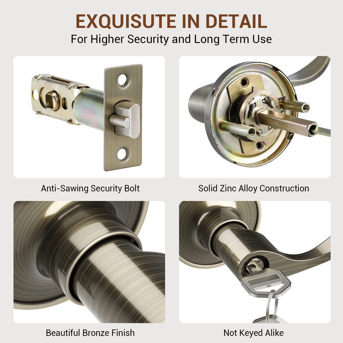 Ohuhu Wave Style Door Handle with Key, Antique Brass Bronze Knobs for Bedroom Bathroom Privacy - Interior/Exterior Lock Lever