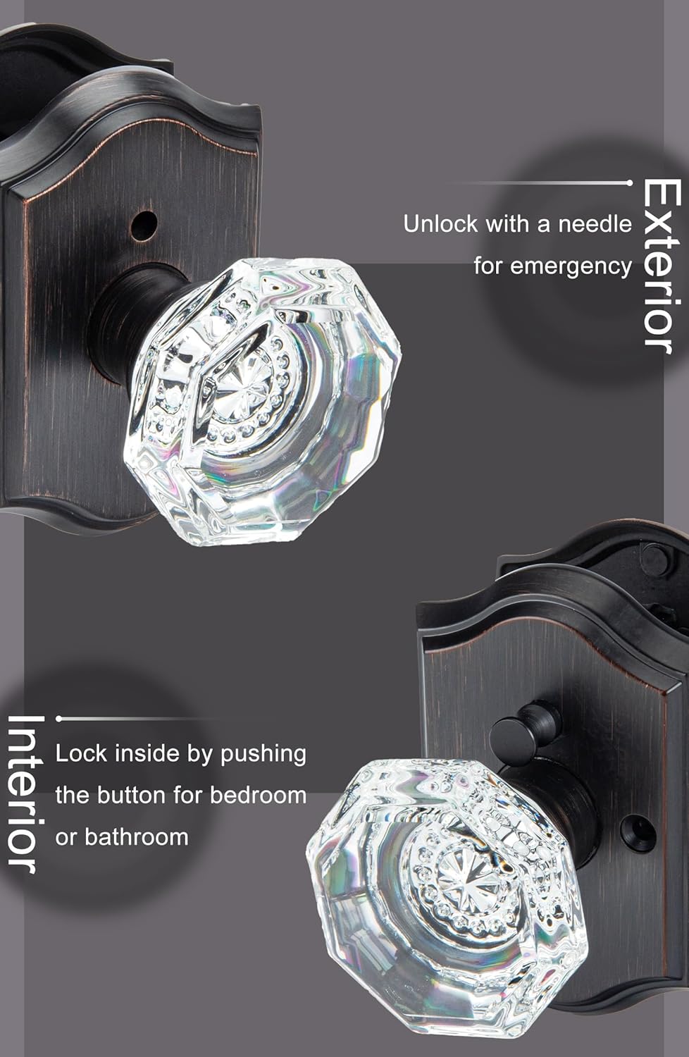 Oil Rubbed Bronze Crystal Glass Door Knobs - Privacy Locking Decor for Bedroom or Bathroom