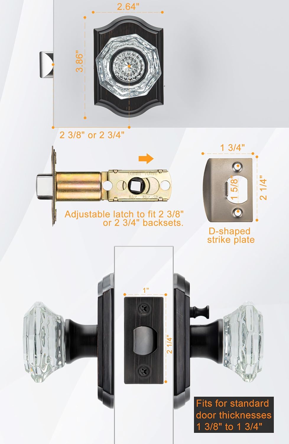 Oil Rubbed Bronze Crystal Glass Door Knobs - Privacy Locking Decor for Bedroom or Bathroom