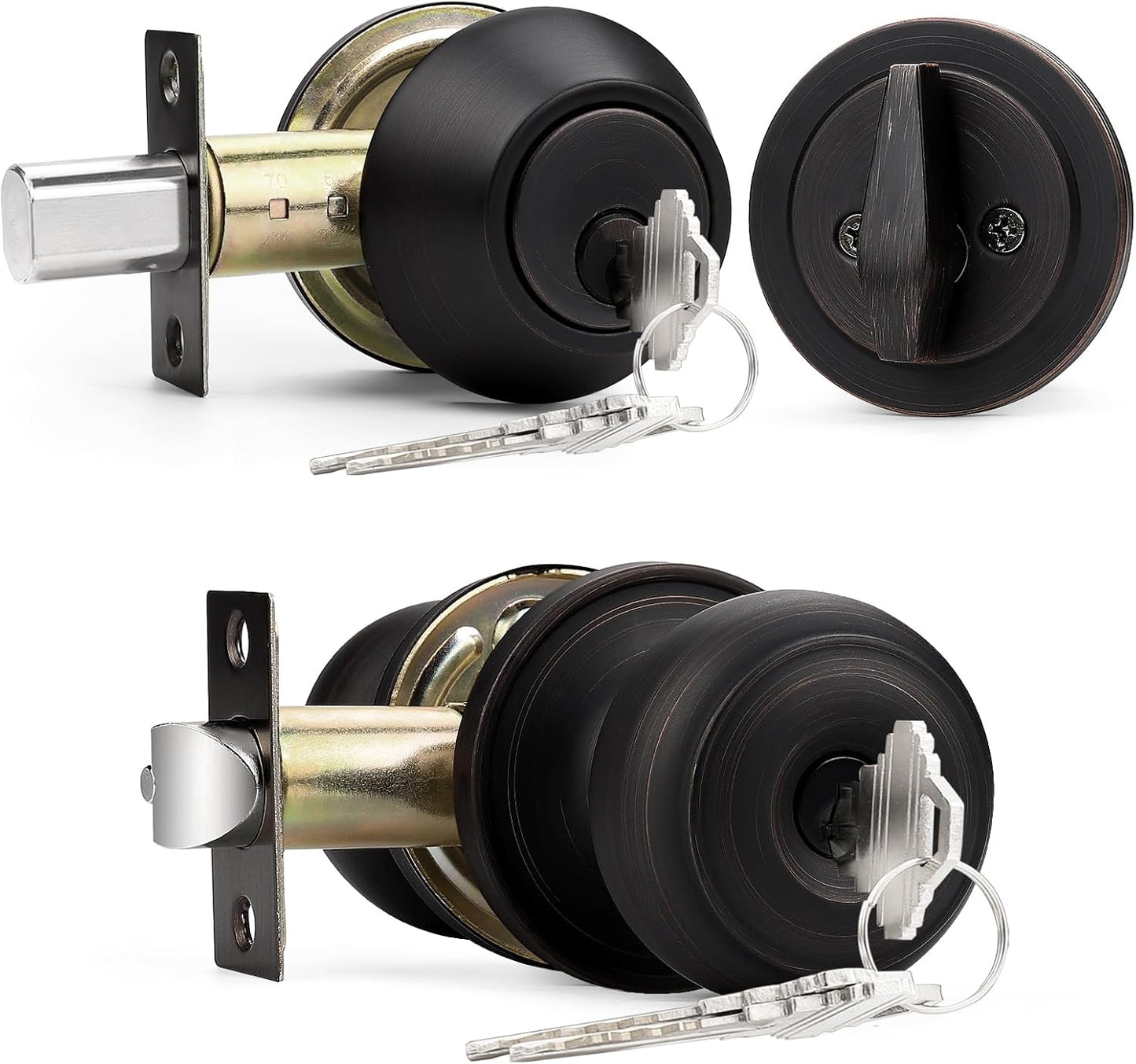 Oil-Rubbed Bronze Keyed Alike Entry Door Knob and Deadbolt Set by Probrico - Single Cylinder, Round Ball Design, 1 Pack