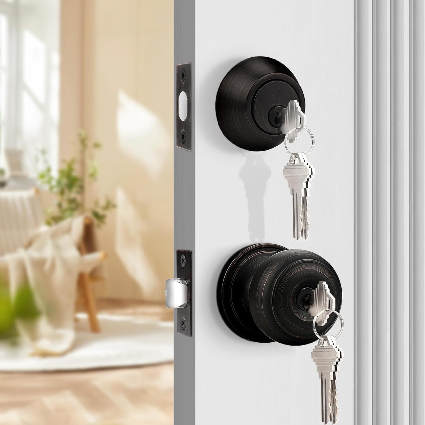 Oil-Rubbed Bronze Keyed Alike Entry Door Knob and Deadbolt Set by Probrico - Single Cylinder, Round Ball Design, 1 Pack