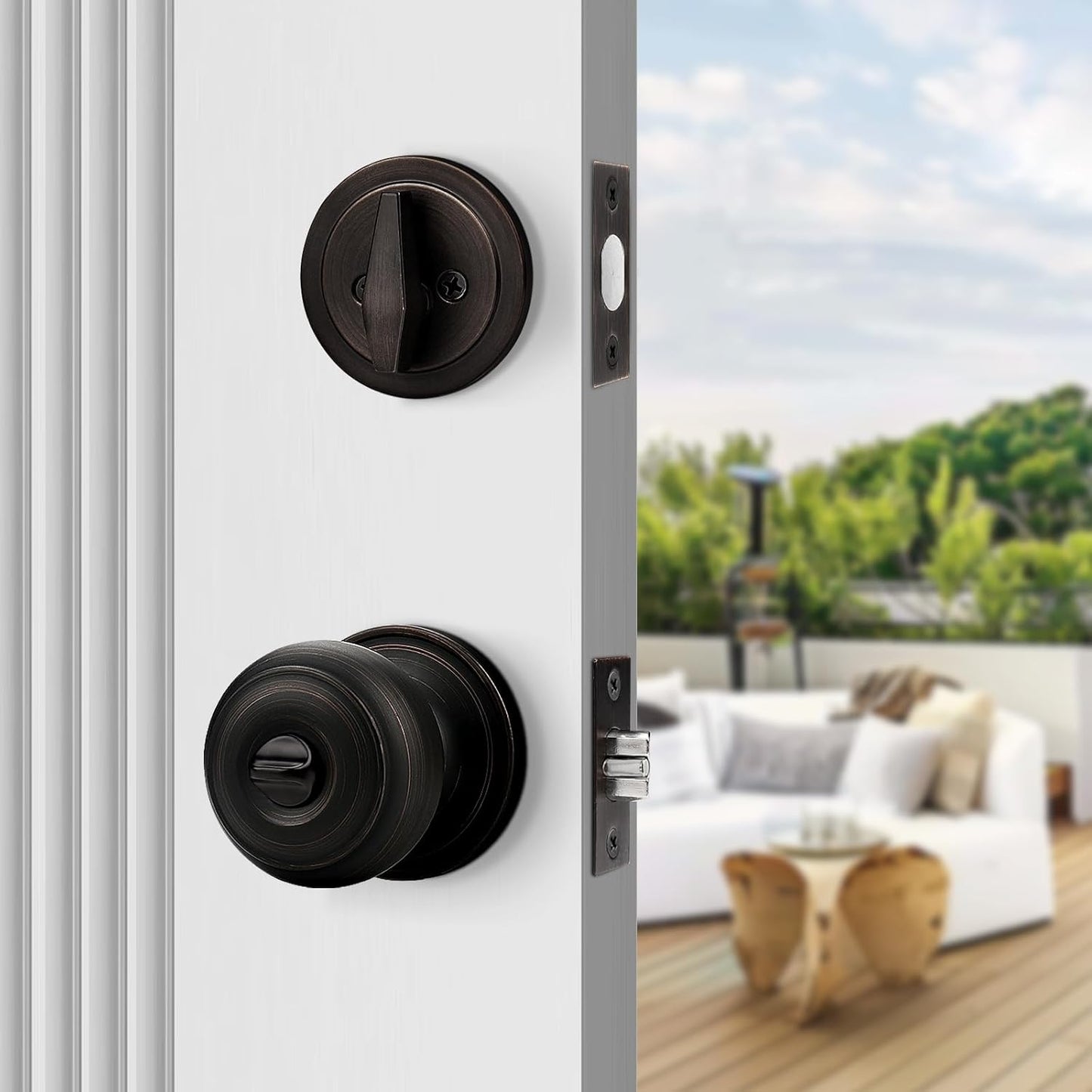 Oil-Rubbed Bronze Keyed Alike Entry Door Knob and Deadbolt Set by Probrico - Single Cylinder, Round Ball Design, 1 Pack