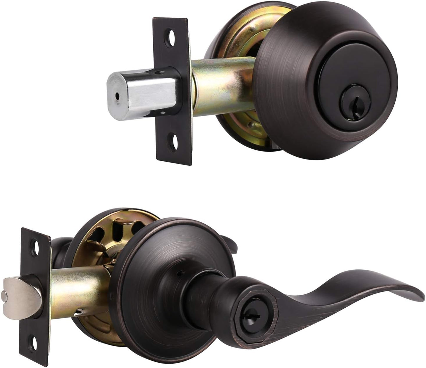 Oil Rubbed Bronze Wave Style Keyed Entry Door Handle Lever with Double Cylinder Deadbolt Combo Lock Set by Probrico