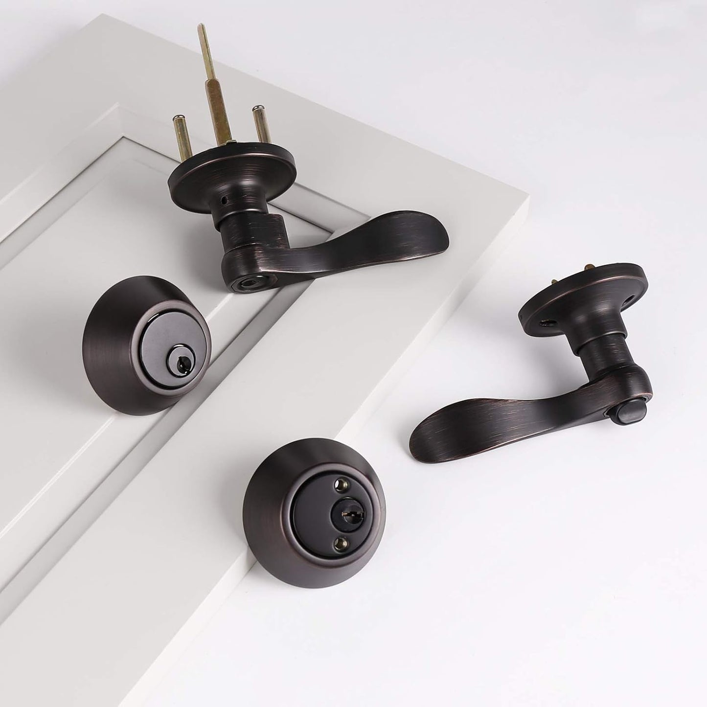Oil Rubbed Bronze Wave Style Keyed Entry Door Handle Lever with Double Cylinder Deadbolt Combo Lock Set by Probrico