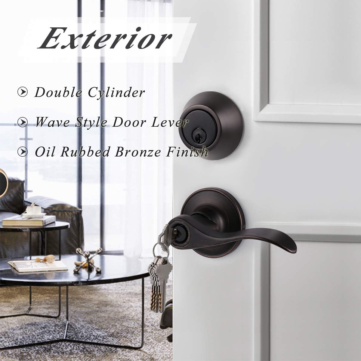 Oil Rubbed Bronze Wave Style Keyed Entry Door Handle Lever with Double Cylinder Deadbolt Combo Lock Set by Probrico