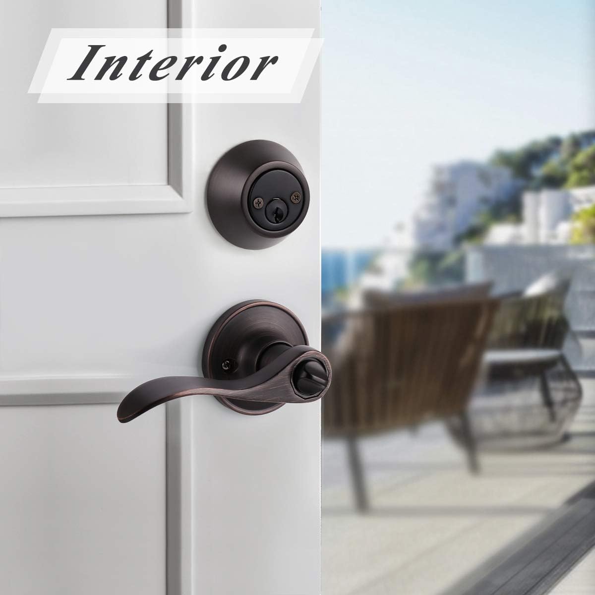 Oil Rubbed Bronze Wave Style Keyed Entry Door Handle Lever with Double Cylinder Deadbolt Combo Lock Set by Probrico