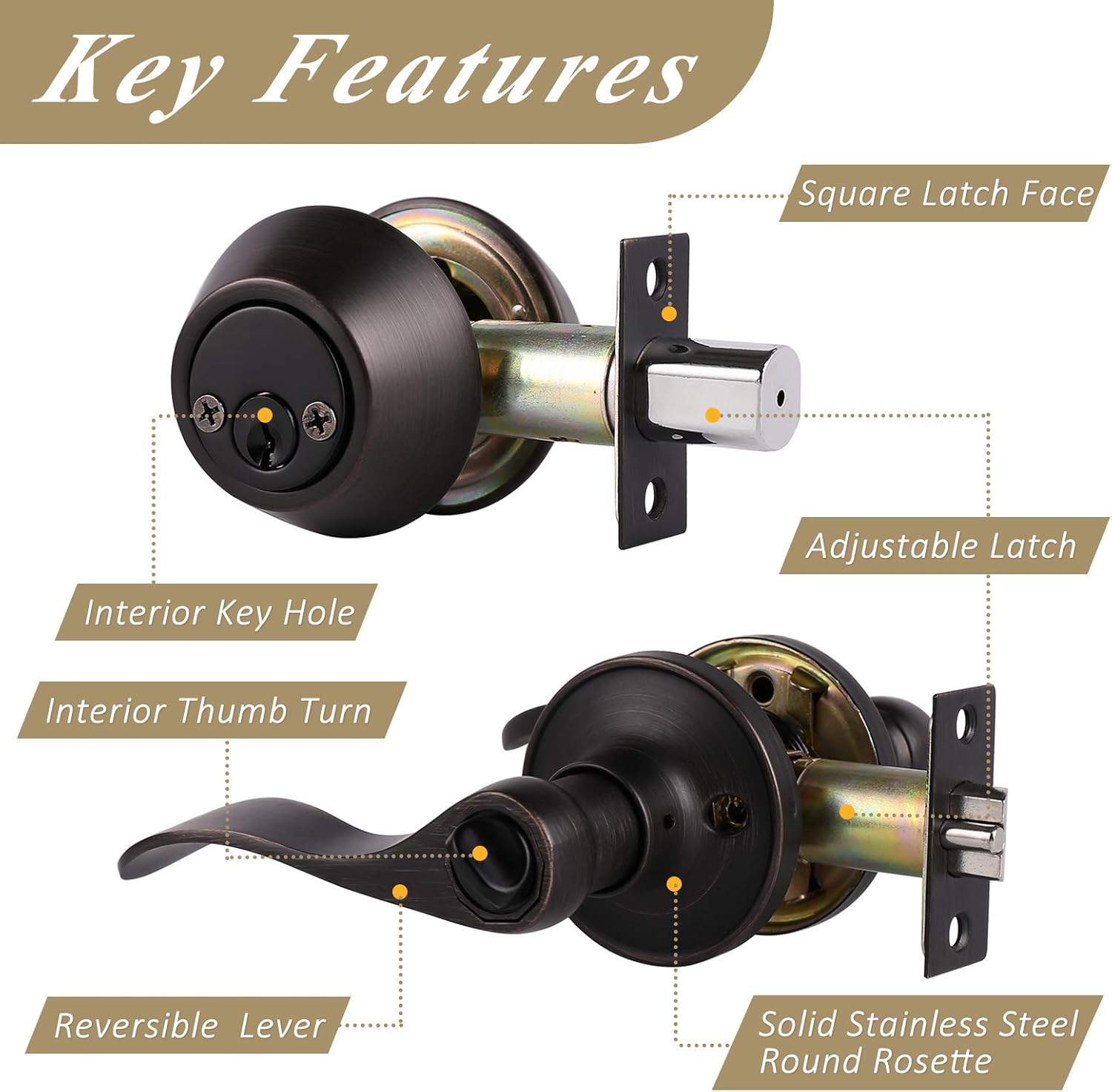 Oil Rubbed Bronze Wave Style Keyed Entry Door Handle Lever with Double Cylinder Deadbolt Combo Lock Set by Probrico