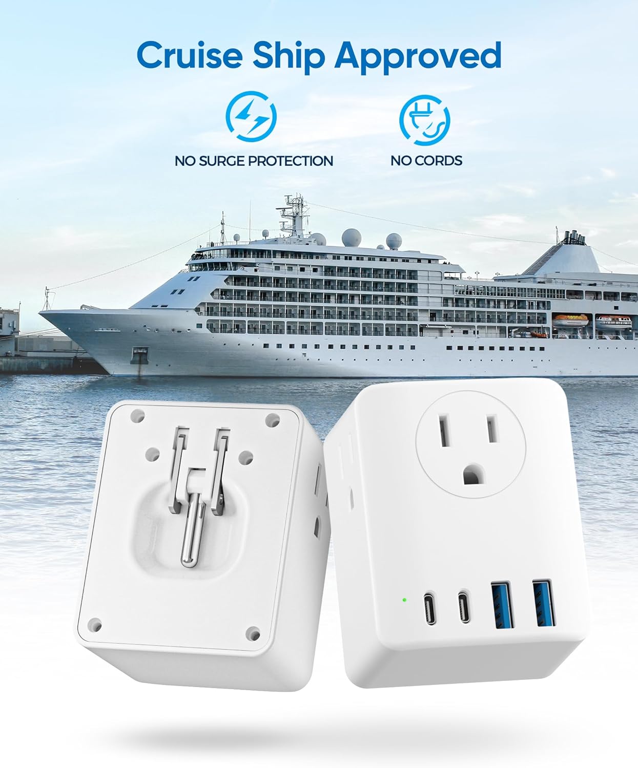 Olcorife 2 Pack Foldable Outlet Extender with 4AC 4USB Ports - Travel Plug Adapter for US/Canada/Japan/China - Cruise Essentials Power Strip