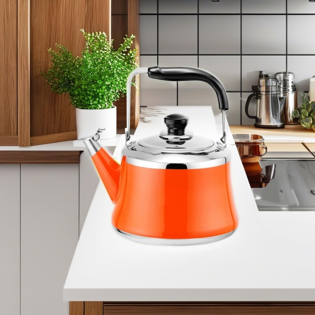 Orange 2 Liter Stainless Steel Whistling Tea Kettle for Gas, Induction, and Electric Stove Tops