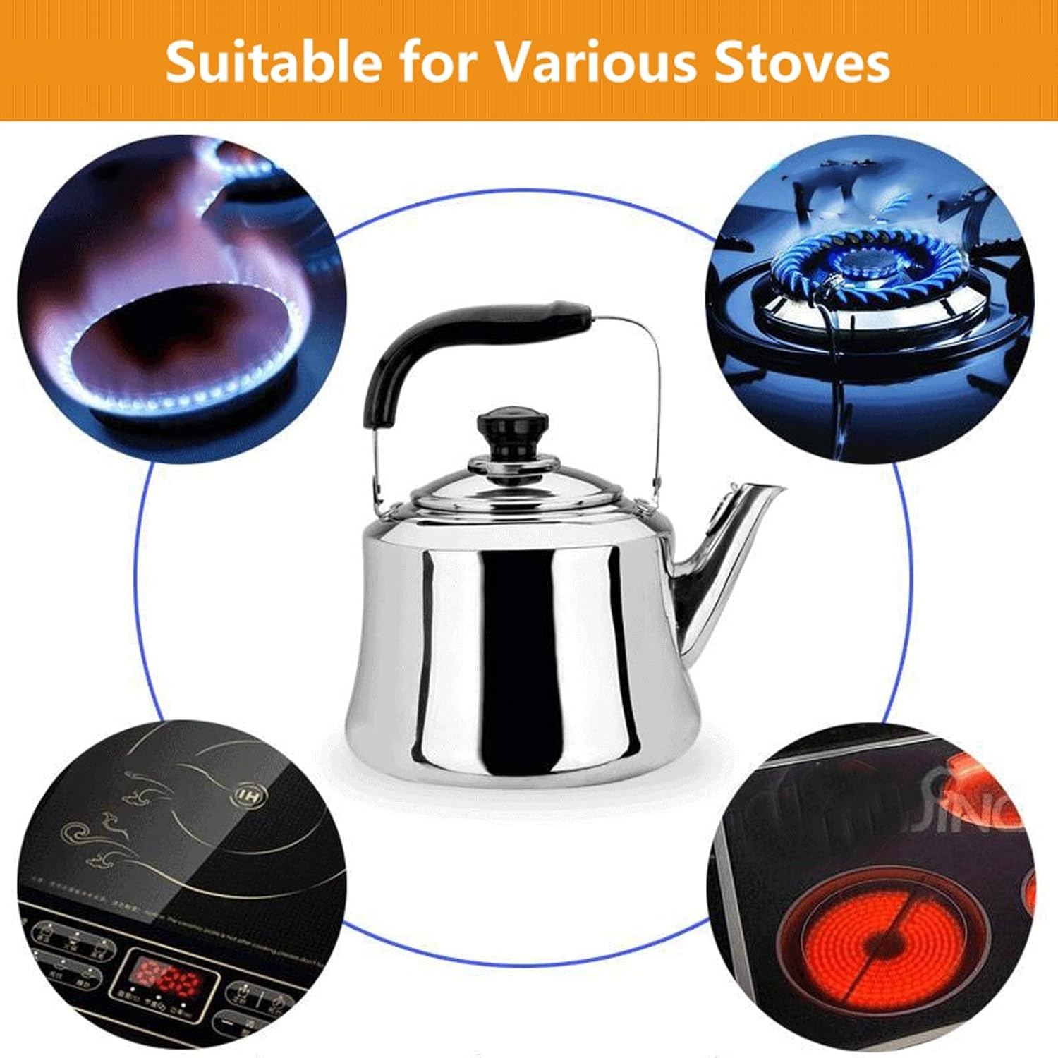 Orange 2 Liter Stainless Steel Whistling Tea Kettle for Gas, Induction, and Electric Stove Tops